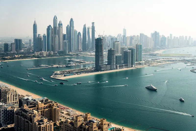 Dubai Marina from above, the original canal district, in a cruising ground where every piece of sheltered water was constructed.