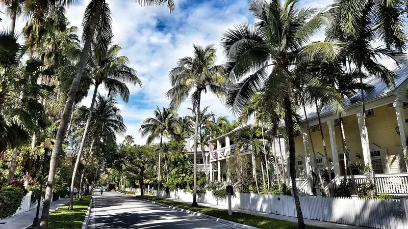 Clapboard houses with deep verandas and white picket fences line a palm shaded street in Key West.