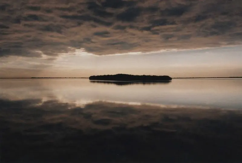 Dusk flattens the water in the backcountry, a small mangrove island standing dark against the last light.