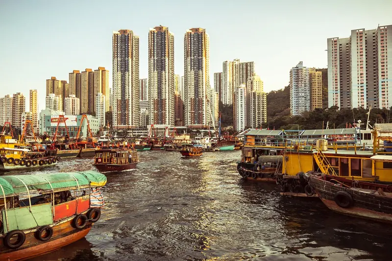 Fishing boats crowd Aberdeen Harbour on the south side of Hong Kong Island, the working anchorage that sits a few minutes from Aberdeen Marina Club and Hong Kong's typhoon shelters.