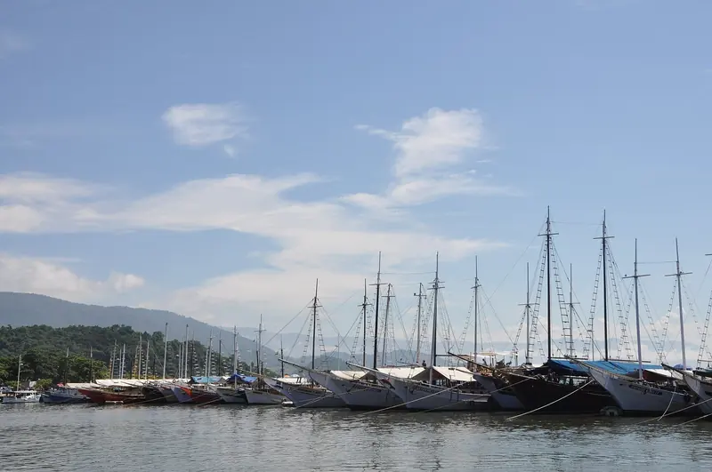 Schooners moored in Paraty's harbour, the colonial town most Costa Verde itineraries use as the eastern base.