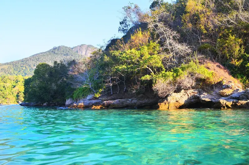 Lagoa Azul off Ilha Grande, a shallow turquoise anchorage that is one of the most cruised day stops on the island.