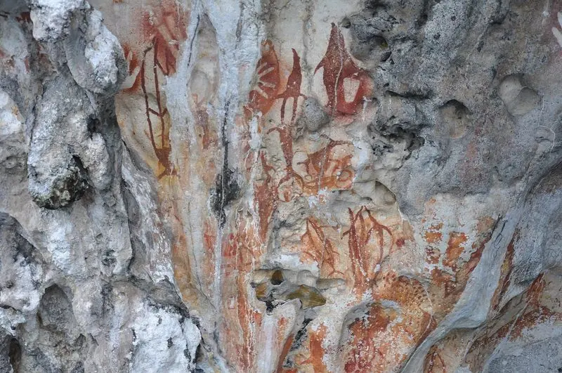 Red ochre figures cover a pitted limestone overhang on Misool, the paint still strong against the pale rock.