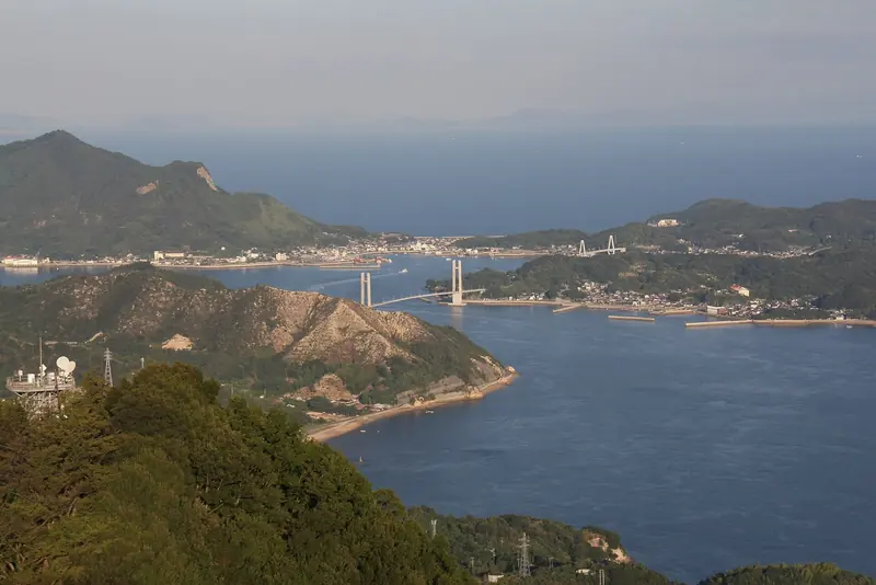 The Yume Shima Kaido bridges linking the islands off Iwagi, seen from Mount Sekizen in spring.