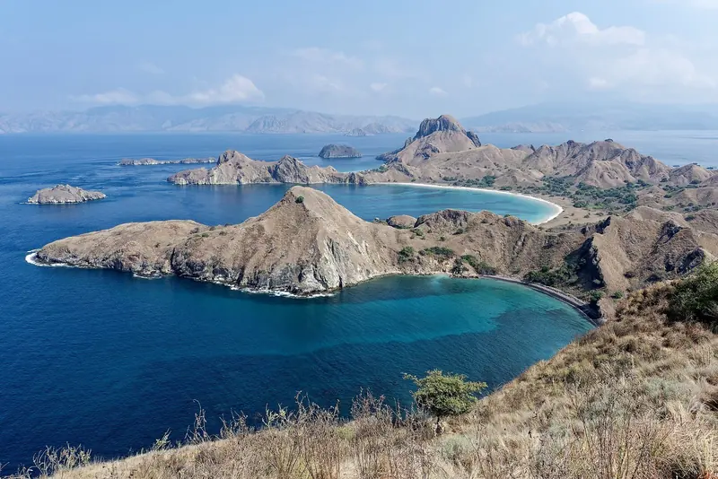 Padar Island's three-bay saddle, seen from the summit viewpoint that every liveaboard schedules for sunrise or late afternoon.
