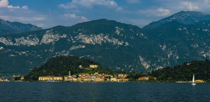 Bellagio seen from the ferry, at the fork where Lake Como's two lower branches divide.
