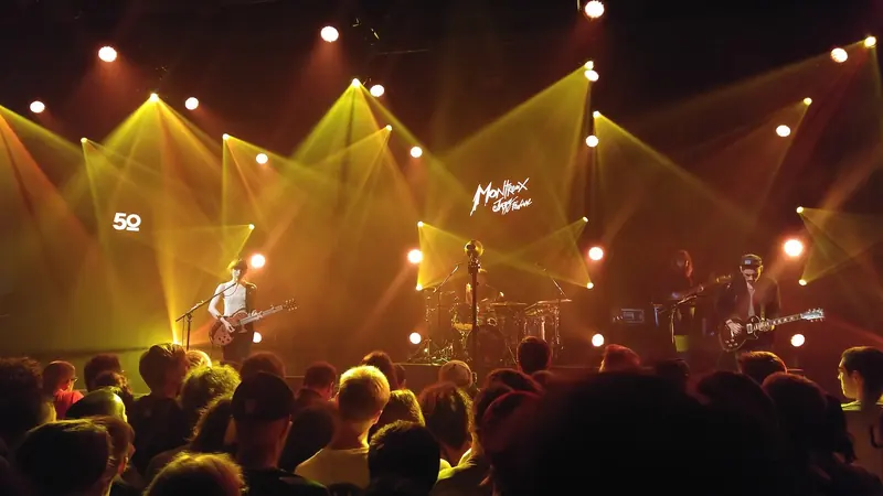 A crowd packs the stage lights at the Montreux Jazz Festival, the lakeside event that fills the town's hotels every July.