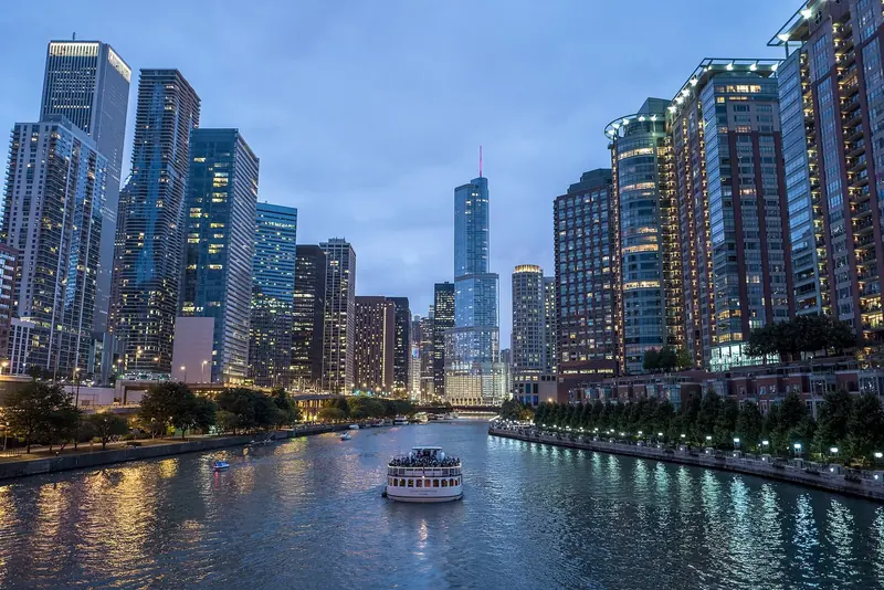 Chicago's lakefront skyline after dark, the view from the water that makes the city's harbours the busiest destination on the lake.