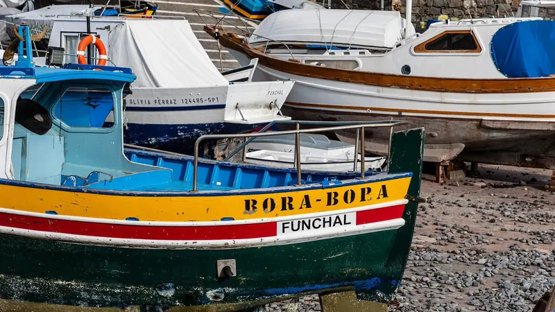 A traditional Funchal fishing boat named Bora-Bopa sits hauled out among its neighbours, the registered numbers on the smaller craft behind it.