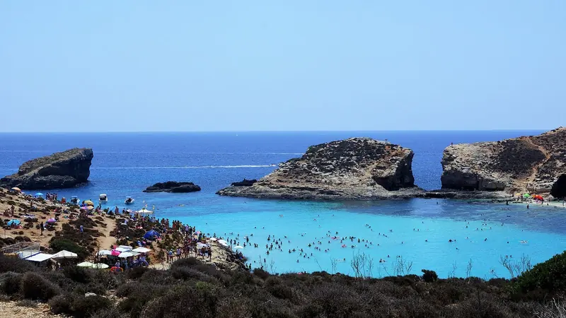 The Blue Lagoon between Comino and Cominotto, where mooring buoys are mandatory and anchoring on the seagrass inside the swimming zone is prohibited.