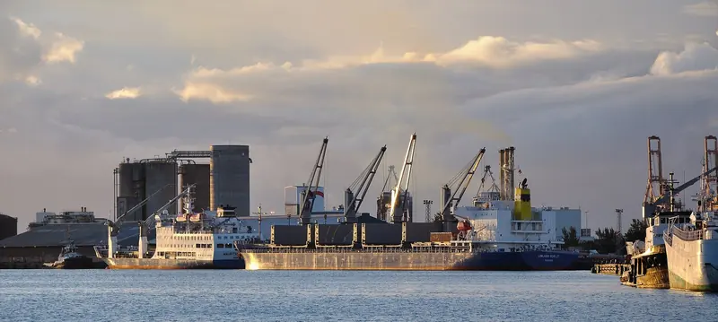 A bulk carrier working cargo under crane at Port Louis harbour at dusk, tugs standing by alongside the commercial berths.