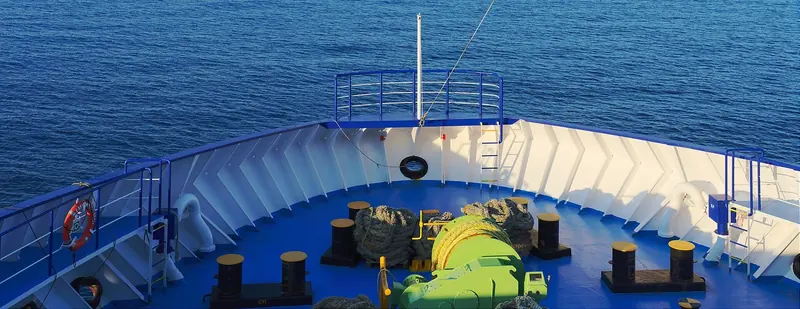 Looking forward from a boat's bow off the Baja coast, the open, uncluttered water that draws long-range cruisers to the Sea of Cortez side of the peninsula.