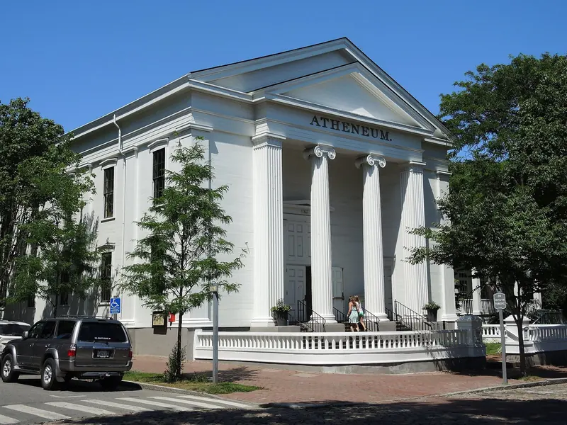 The Nantucket Atheneum, the town's Greek Revival library on Nantucket's main square.