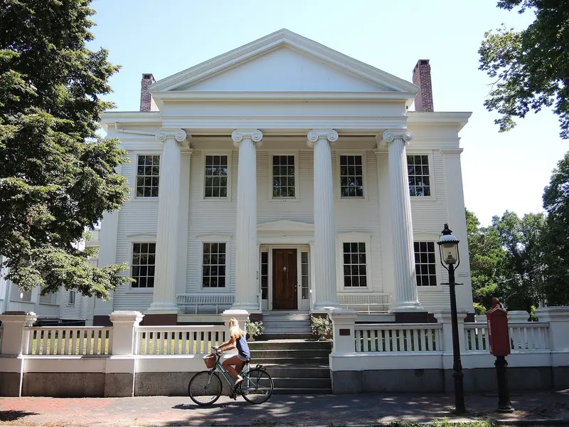 The Hadwen House, one of the whaling-era Greek Revival mansions on Nantucket's Main Street.