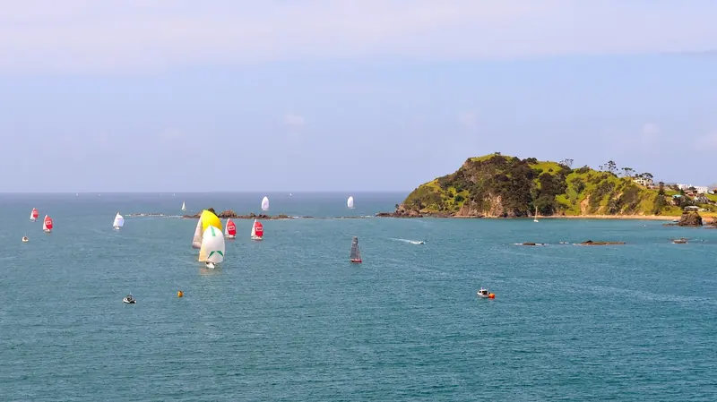 Spinnakers up off Tapeka Point during Bay of Islands Sailing Week, the January regatta that fills the anchorage with local fleets.