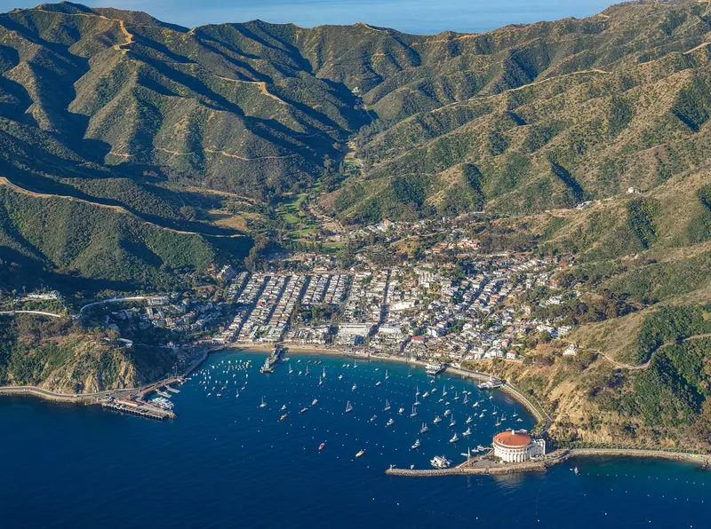 Avalon Harbor on Catalina Island, with the Catalina Casino at the point and the mooring field packed into the curve of the bay.