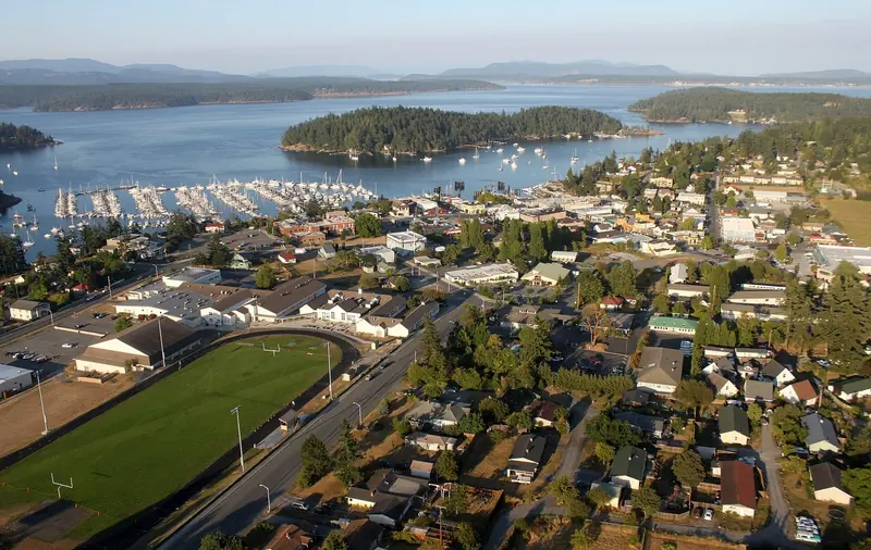 Friday Harbor from the air, the port of entry most private yachts use to clear US Customs into the San Juans.