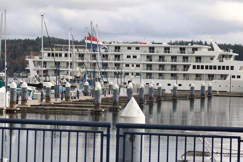 Looking down onto Friday Harbor's marina piers from the ferry dock above.