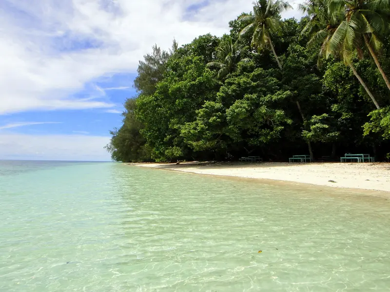 The beach at Ulong Island, one of the Rock Islands' few landing spots with sand rather than sheer limestone, and a regular stop on the day-trip run out of Koror.