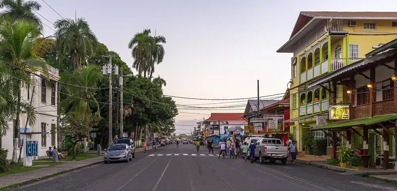 A street of wooden buildings at Bocas del Toro, the western archipelago that has the boatyards and services Guna Yala does not.