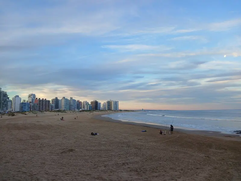 The towers of Punta del Este above its main beach at dusk, the skyline that gave the peninsula its nickname of the Manhattan of Uruguay.