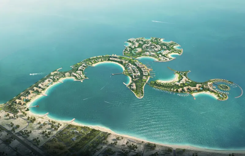 Aerial view of Al Marjan Island's four coral-shaped islets, the site of the Wynn Al Marjan Island resort under construction.