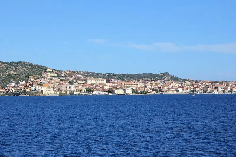 La Maddalena town from the water, the main settlement of the archipelago.