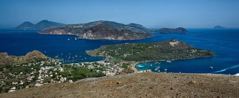 The archipelago seen from Vulcano, with Lipari in the foreground and the rest of the group strung out beyond it inside a 30 mile circle.