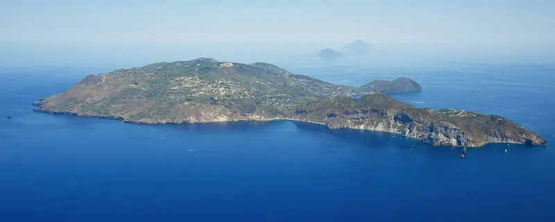 Lipari from the south west, the only island in the group with a real town, a castle rock and the provisioning.