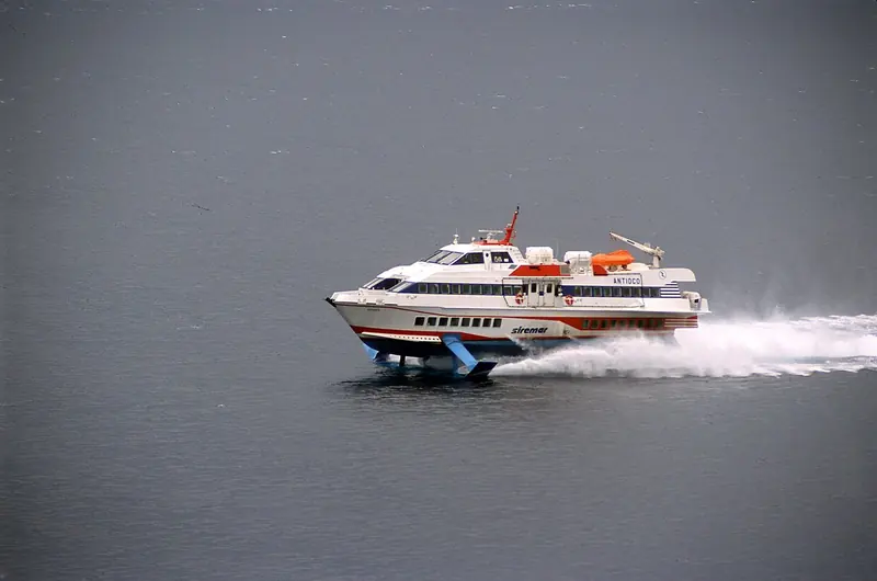 A hydrofoil running between the islands, the standard route for guests joining a boat in an archipelago that has no airport.