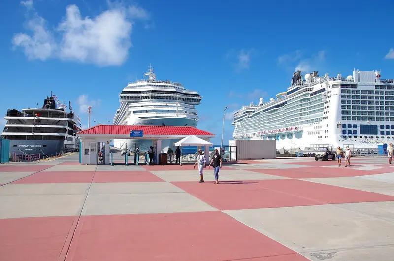 Cruise ships tied up at Philipsburg's A.C. Wathey pier, the Dutch side's deep-water harbour that sits alongside the island's yacht marinas.