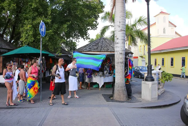 A street market sets up under the palms near Philipsburg's town centre, a short walk from the Dutch capital's waterfront boardwalk.