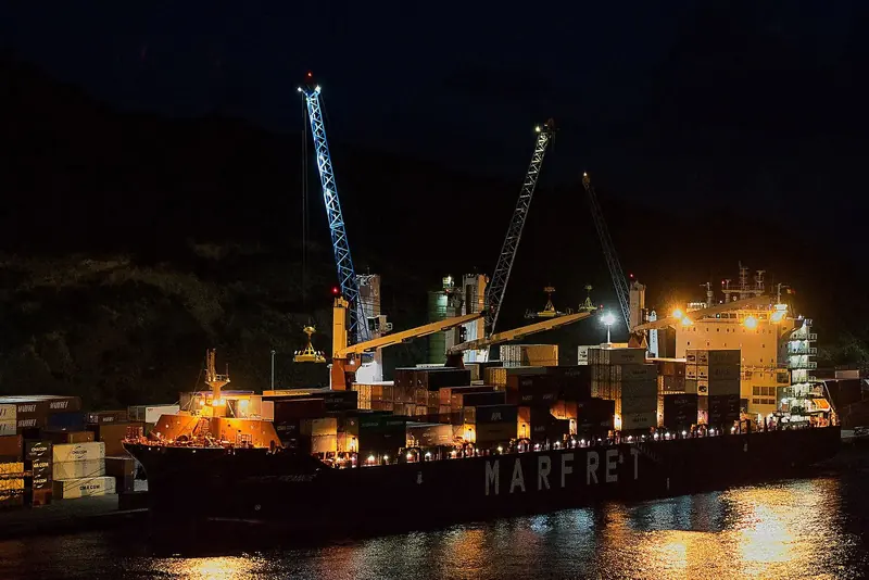 The container ship Douce France works cargo under floodlight at Philipsburg after dark, cranes swinging boxes off her deck against the dark hillside.