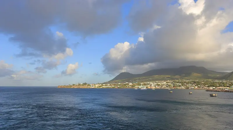 St Kitts at dawn, seen from a vessel approaching the port of Basseterre from the sea.