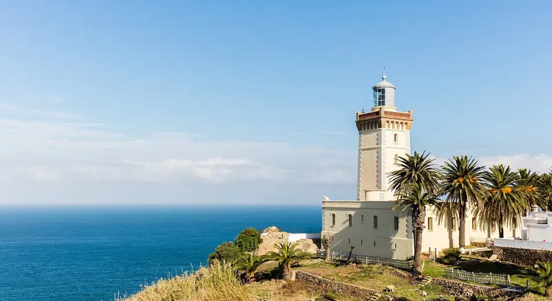 The lighthouse at Cape Spartel, built in 1864 on the orders of Sultan Mohammed III, on the headland whose longitude is the internationally recognised western limit of the Mediterranean Sea.