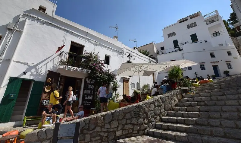 A stepped street in Ibiza old town, the walk up from the harbour.