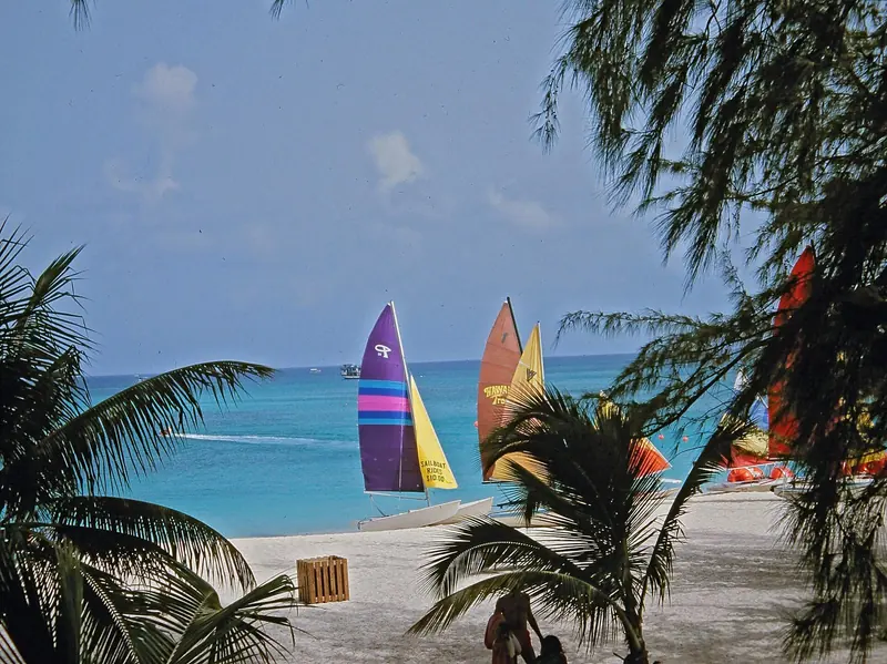 Small sailboats and catamarans lined up for hire on Seven Mile Beach, one of Grand Cayman's three recognized overnight yacht anchorages.