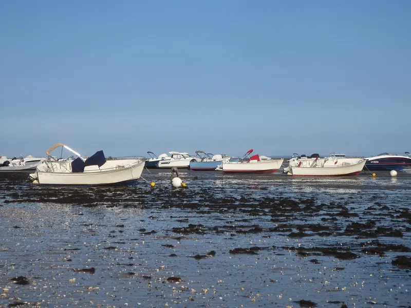 Small boats sit grounded on mud and sand at low tide near La Flotte on Ile de Re, a reminder of how far this coast's water level swings.