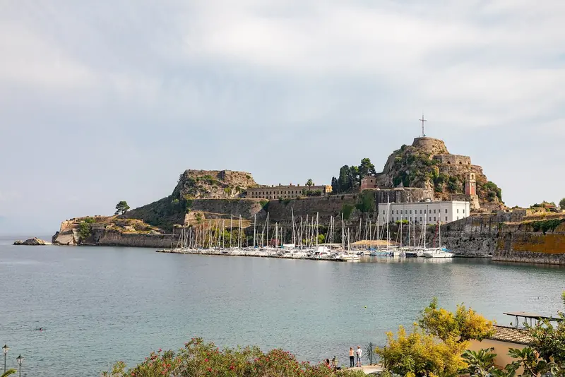 The old fortress at Corfu with the marina below it, the Venetian anchor of a group that is otherwise villages and quays.