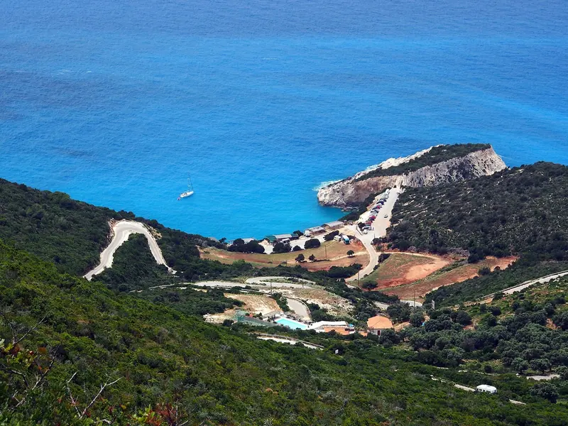 The switchback down to Porto Katsiki from above, showing how little shelter the west coast of Lefkada gives a boat lying off it.