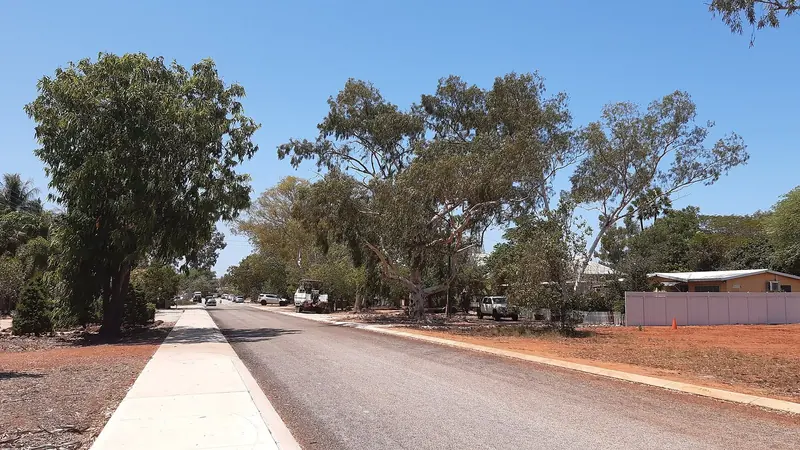 A tree-lined street in Broome, the last real town before the unbroken wilderness coastline begins.