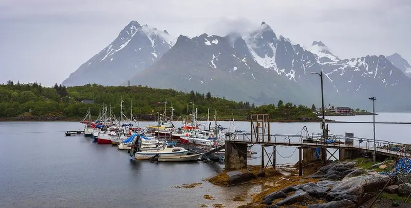 Fishing boats lie two deep at a pier in the Lofoten islands, snow still on the peaks across the water in June.
