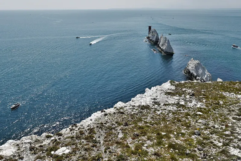 The Needles at the western end of the Isle of Wight, where the ebb through Hurst Narrows meets a south westerly and raises a short steep sea.
