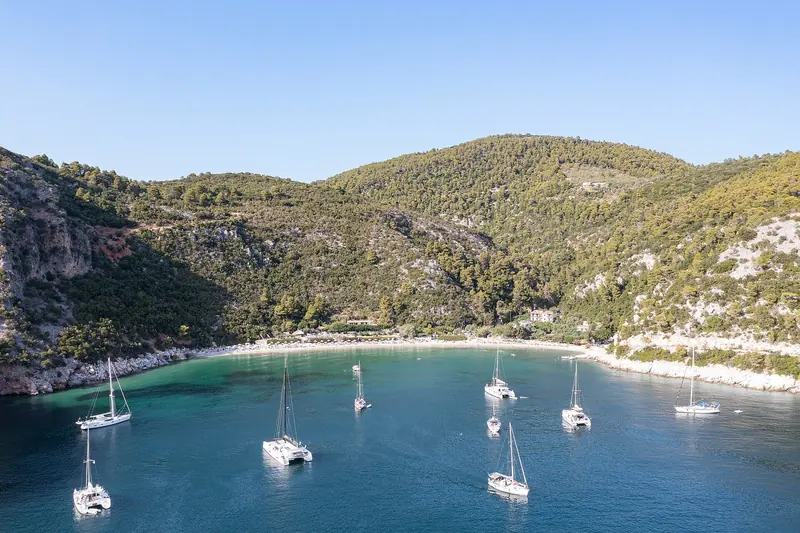Yachts anchored off Limnonari Beach, Skopelos, in the pine-fringed water typical of the Sporades.