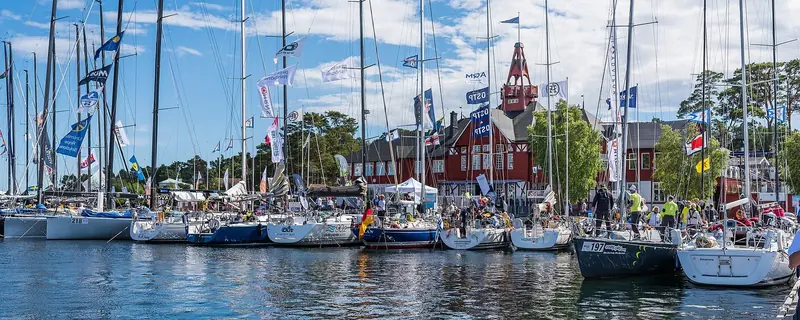 The guest marina at Sandhamn full to the pontoons, where the Royal Swedish Yacht Club holds about 150 guest moorings and they go by mid afternoon in July.