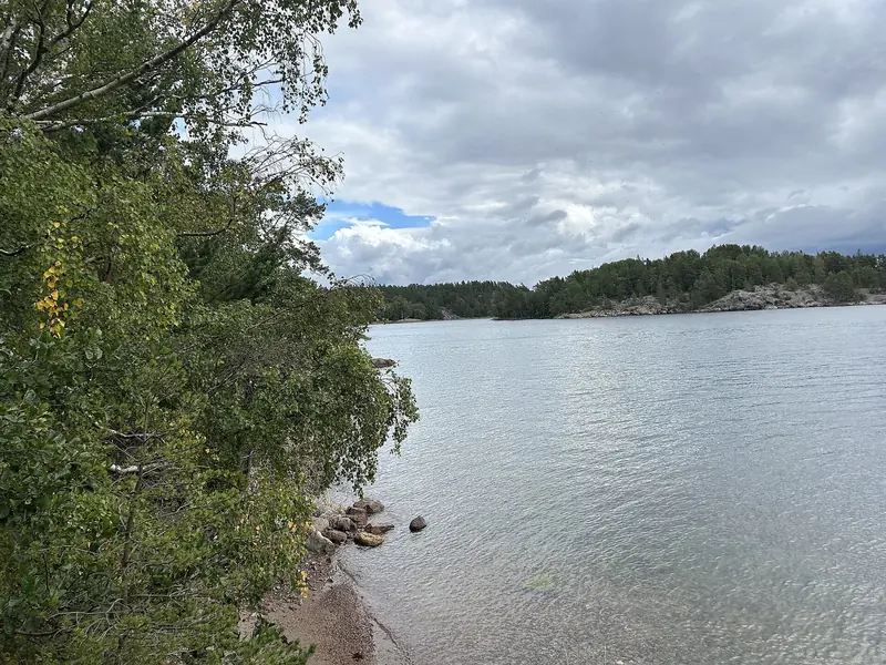 A quiet shore of granite and pine, the kind of place the Swedish right of public access allows a boat to moor for nothing.