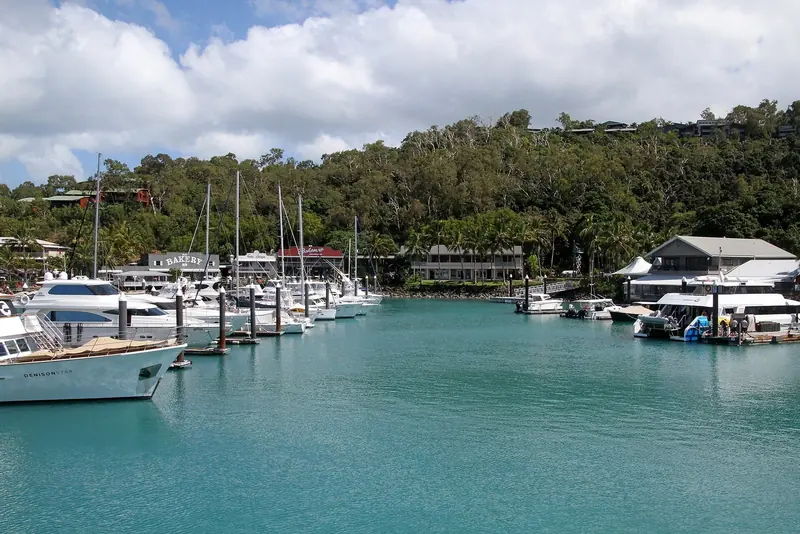 Motor yachts on the pontoons at an island marina, in a region whose berthing is carried by Hamilton Island and Coral Sea Marina alone.