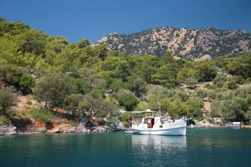 A wooden motor cruiser lies stern to the rock on a long line ashore in a pine and olive cove, the sort of one boat bay that has room for very few.