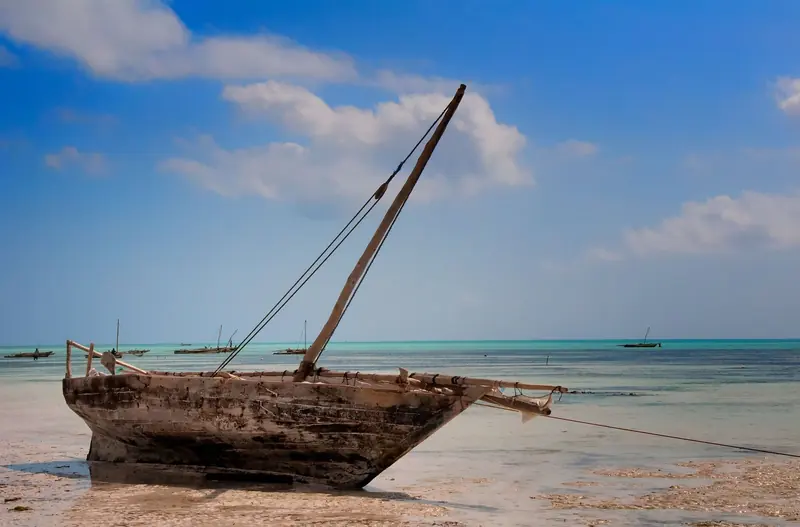 A traditional dhow sits out the low tide off a Zanzibar beach, other dhows anchored in the shallows behind it toward the reef.