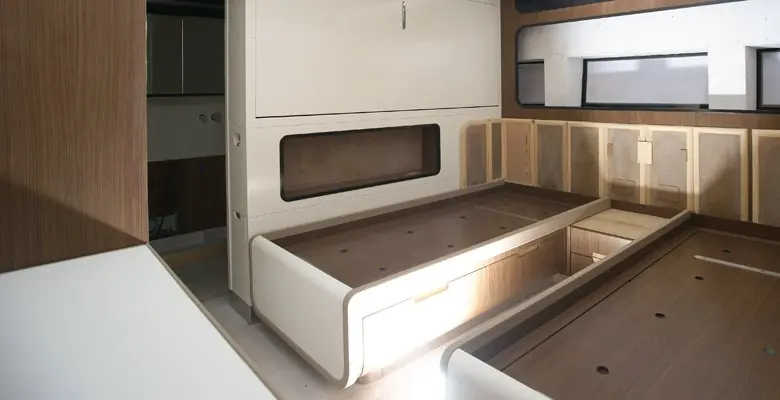 A twin guest cabin during outfitting, before its soft furnishings and finishes were installed.
